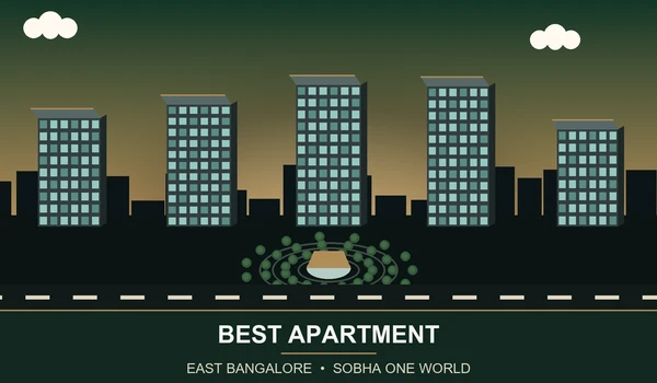 Illustrated skyline of high-rise apartment towers with landscaped park in East Bangalore