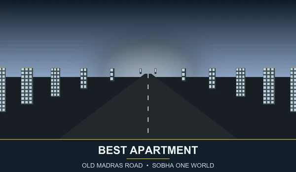 Vanishing-point highway illustration with apartment towers lining Old Madras Road