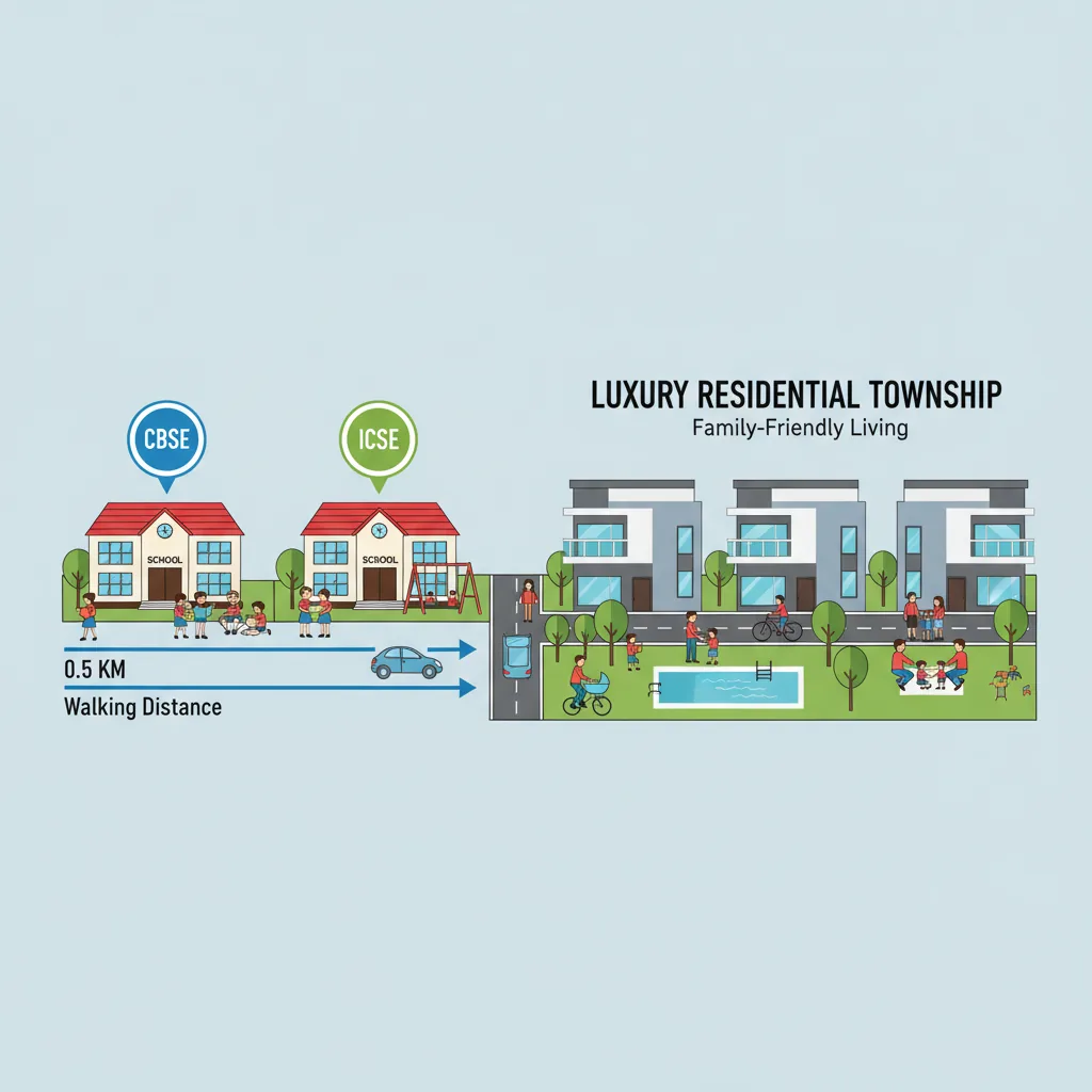 Educational infographic showing modern school buildings near a luxury residential township, featuring CBSE and ICSE school icons and distance markers