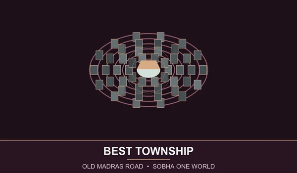 Concentric mandala-style aerial township plan illustration along Old Madras Road