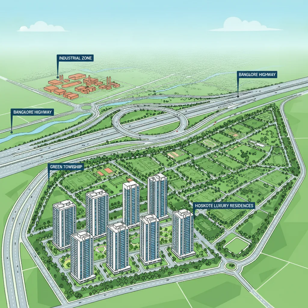 Modern aerial view of Hoskote Bangalore real estate development showing luxury residential towers and green township layouts
