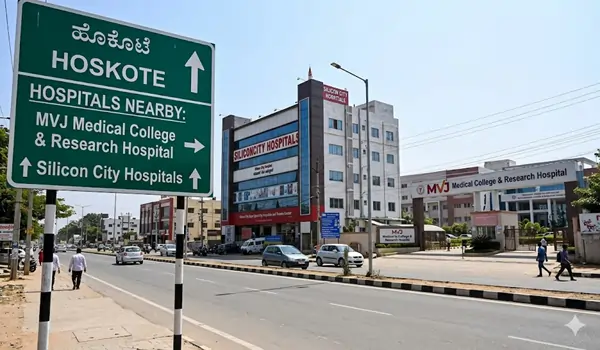 Map showing the location of top hospitals and medical centers near Hoskote and Old Madras Road.