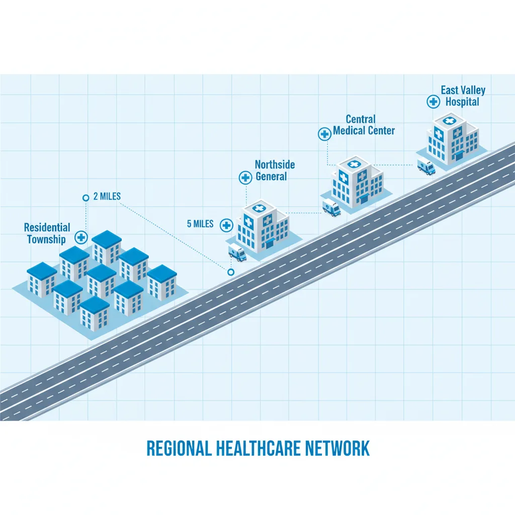 Modern healthcare infographic showing three hospitals near a residential township, clean medical buildings with ambulance and highway connection, blue and white color scheme, professional real estate style, showing distance markers and medical icons