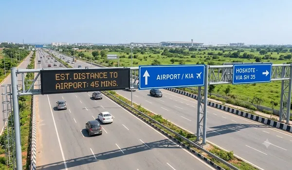 Route map showing how far Hoskote is from the airport