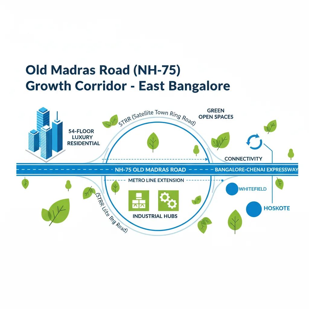 Old Madras Road NH-75 growth corridor infographic showing connectivity to STRR, Bangalore-Chennai Expressway, and 54-floor residential towers