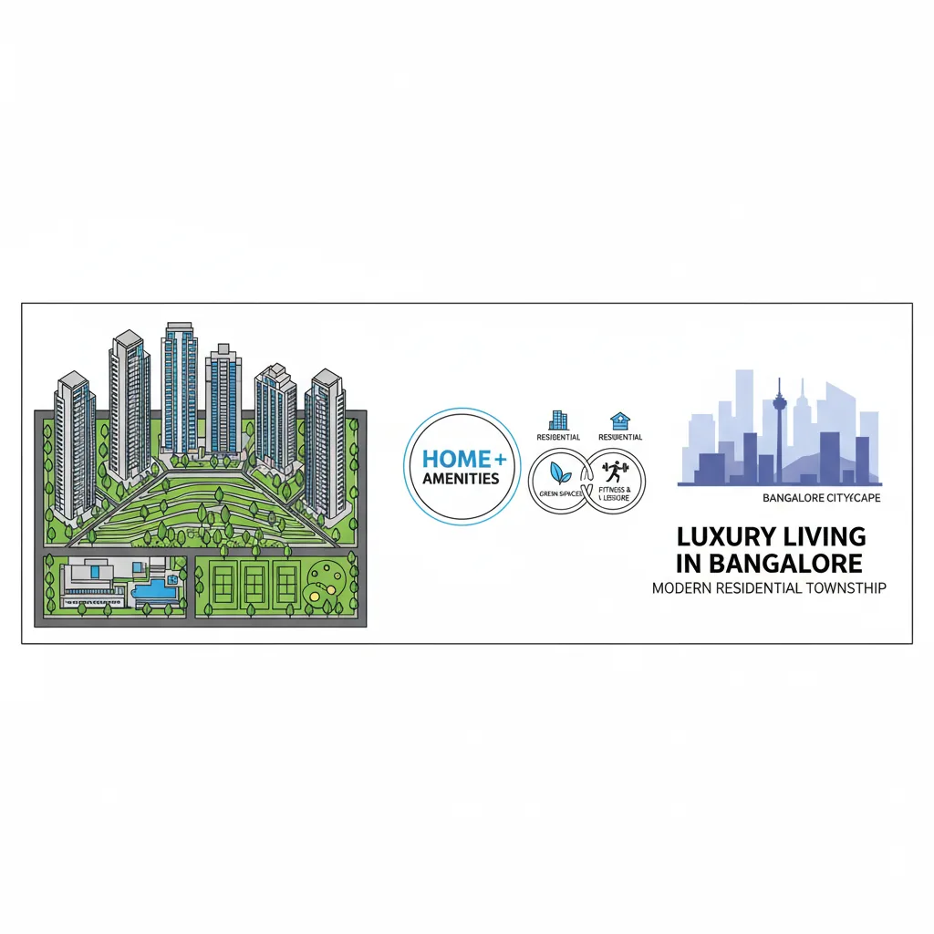 Modern luxury residential township aerial view with high-rise towers, green open spaces, clubhouse amenities, Bangalore cityscape backdrop