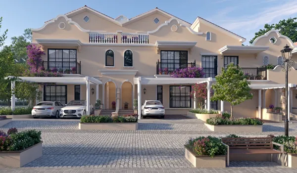 Street view of Sobha Galera premium Spanish-themed 4 BHK duplex and triplex row houses in Whitefield Extension featuring cobblestone pathways.