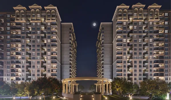 Architectural elevation of the Greek-inspired Sobha Neopolis residential project in Panathur, showcasing Santorini-style clubhouses and landscaped gardens.