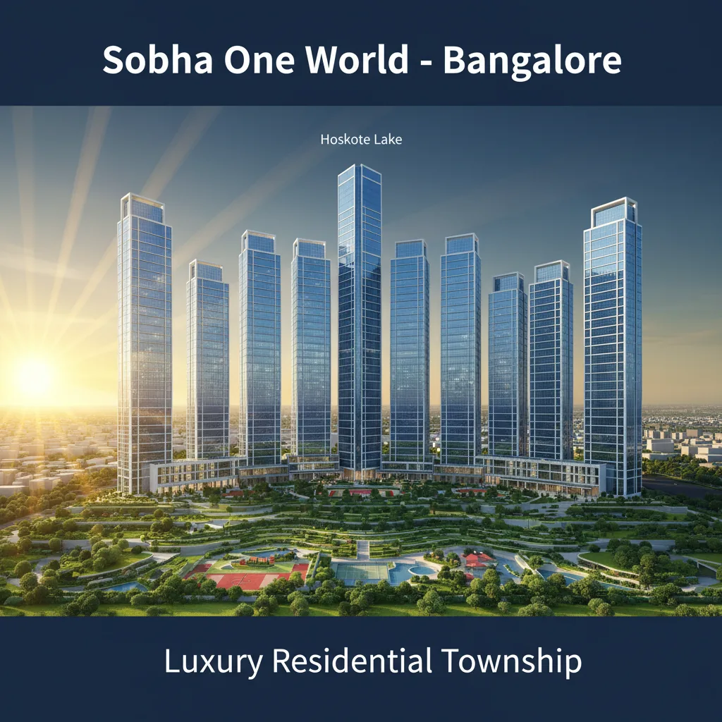 Modern architectural visualization of Sobha One World township featuring 18 glass skyscrapers rising 54 floors high with landscaped gardens and Hoskote Lake views