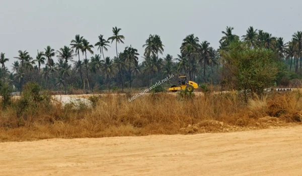 Ground compaction and terrain grading activities underway on an elevated dirt pathway surrounded by natural palm trees at Sobha One World.