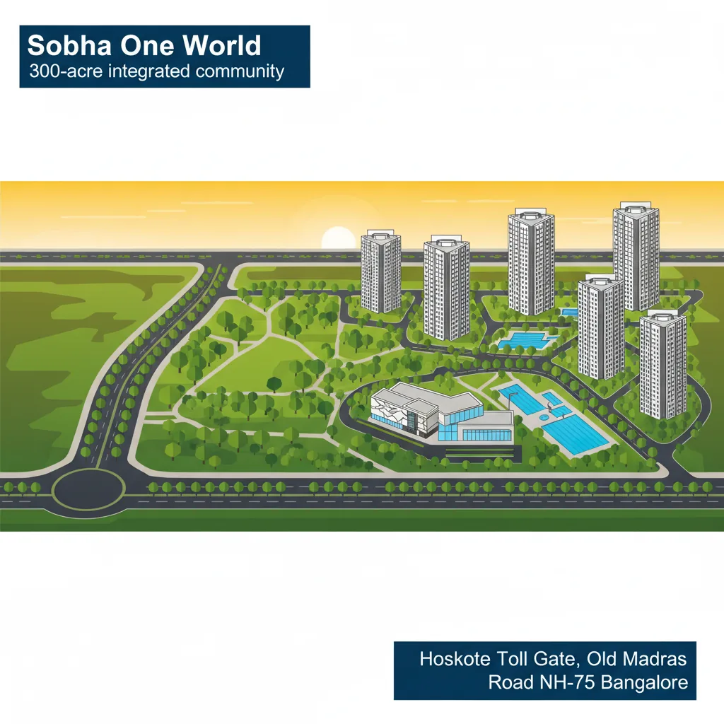 Sobha One World address - Aerial view of the 300-acre premium township with lush green parks, multi-level clubhouse, and contemporary residential towers near Hoskote Toll Gate