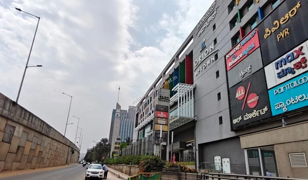 The bustling retail avenue and pedestrian-friendly zones established right outside the major mall supporting the Sobha One World neighborhood.