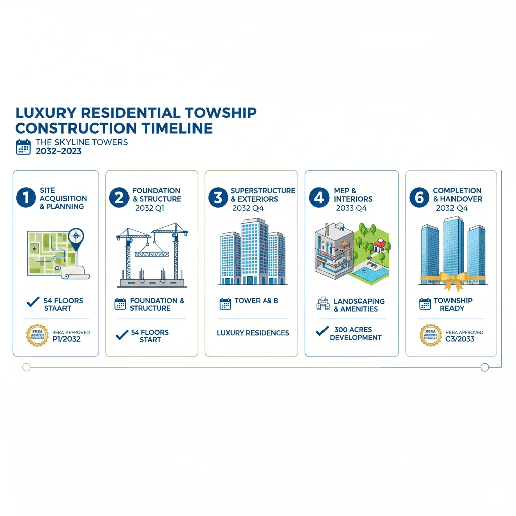 Sobha One World completion date infographic showing construction timeline with RERA approved phases 2032-2033