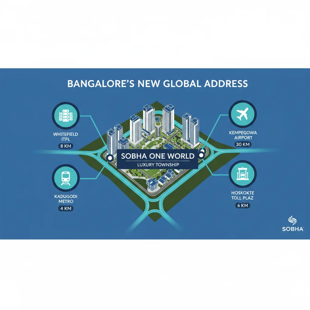 Sobha One World luxury township with distance markers to Bangalore landmarks including Whitefield ITPL, Kadugodi Metro, Kempegowda Airport, and Hoskote Toll Plaza