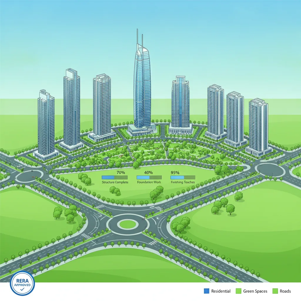 Sobha One World Latest News - Modern real estate infographic showing luxury high-rise residential towers in a sprawling 300-acre township development