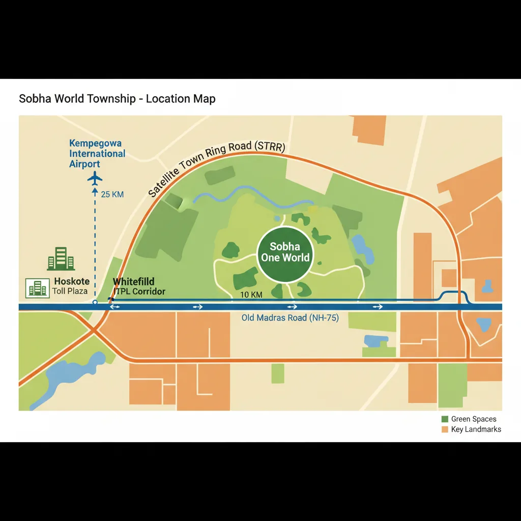 Sobha One World Map - Location and connectivity infographic showing KHB Layout Hoskote with key landmarks including Hoskote Toll Plaza, NH-75, STRR, and Kempegowda Airport