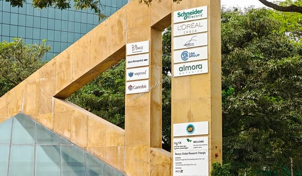 Low angle shot showcasing the modern commercial workspace facades surrounding the Sobha One World location