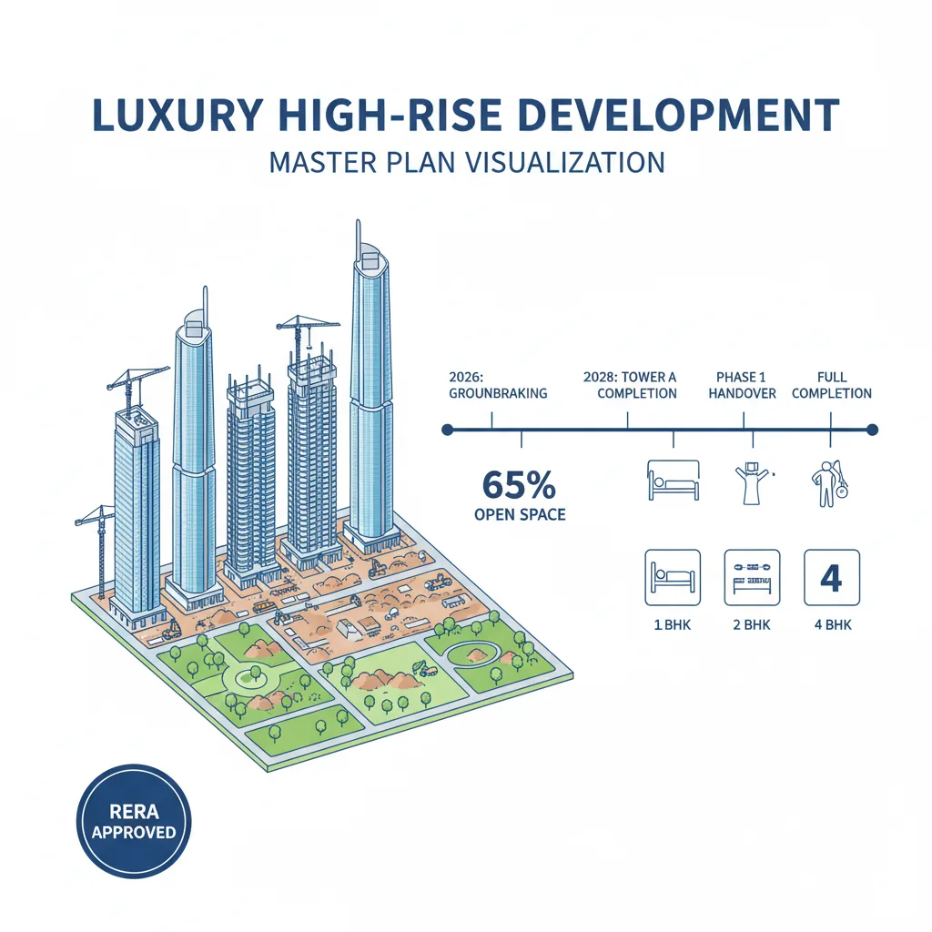 Sobha One World project status infographic showing construction progress, 48-acre master plan, RERA approval badge, timeline milestones from 2026 to 2032, and 1-4 BHK apartment configurations
