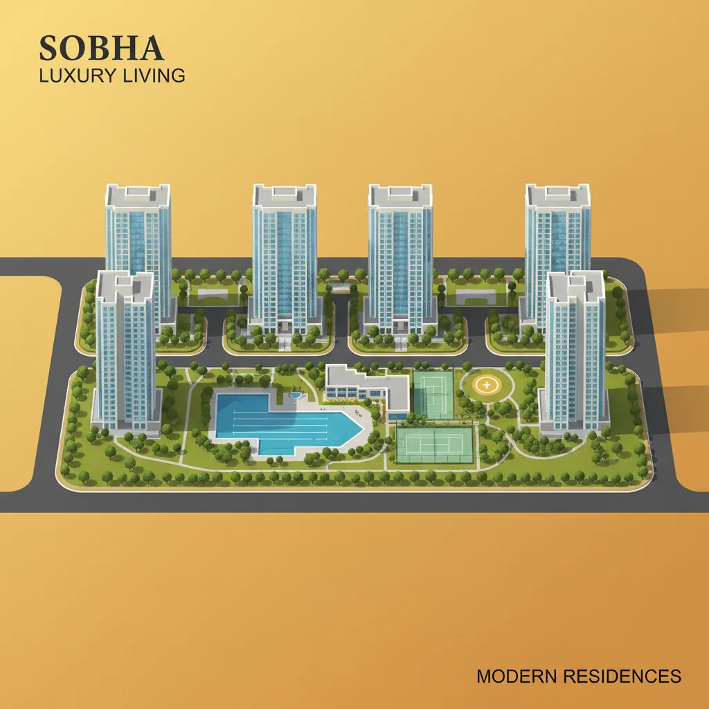 Modern luxury residential township aerial view with high-rise towers, green landscapes, and premium amenities
