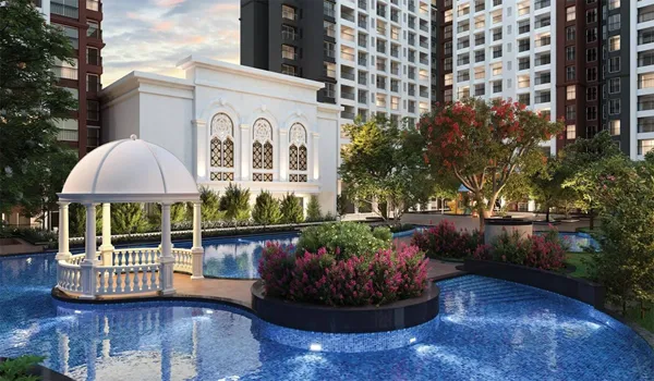 Exterior view of Sobha Windsor residential towers in Whitefield, highlighting classic British and Victorian architectural design elements.