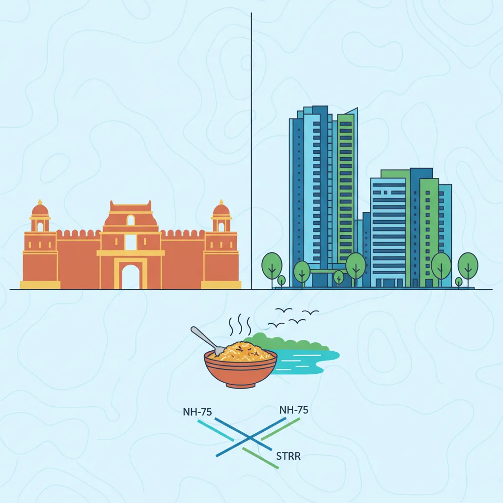 Hoskote heritage meets modern development: 16th-century fort silhouette, 54-floor Sobha One World towers, biryani, lake with migratory birds