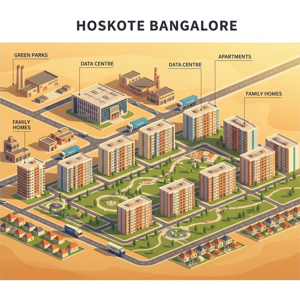 Modern residential township aerial view of Hoskote with apartment buildings, green parks, and industrial zone