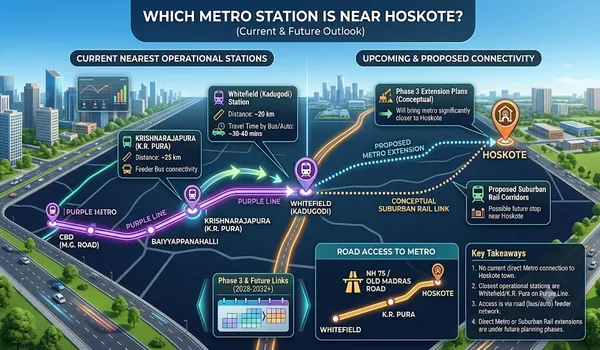 Metro route map showing the nearest station to Hoskote