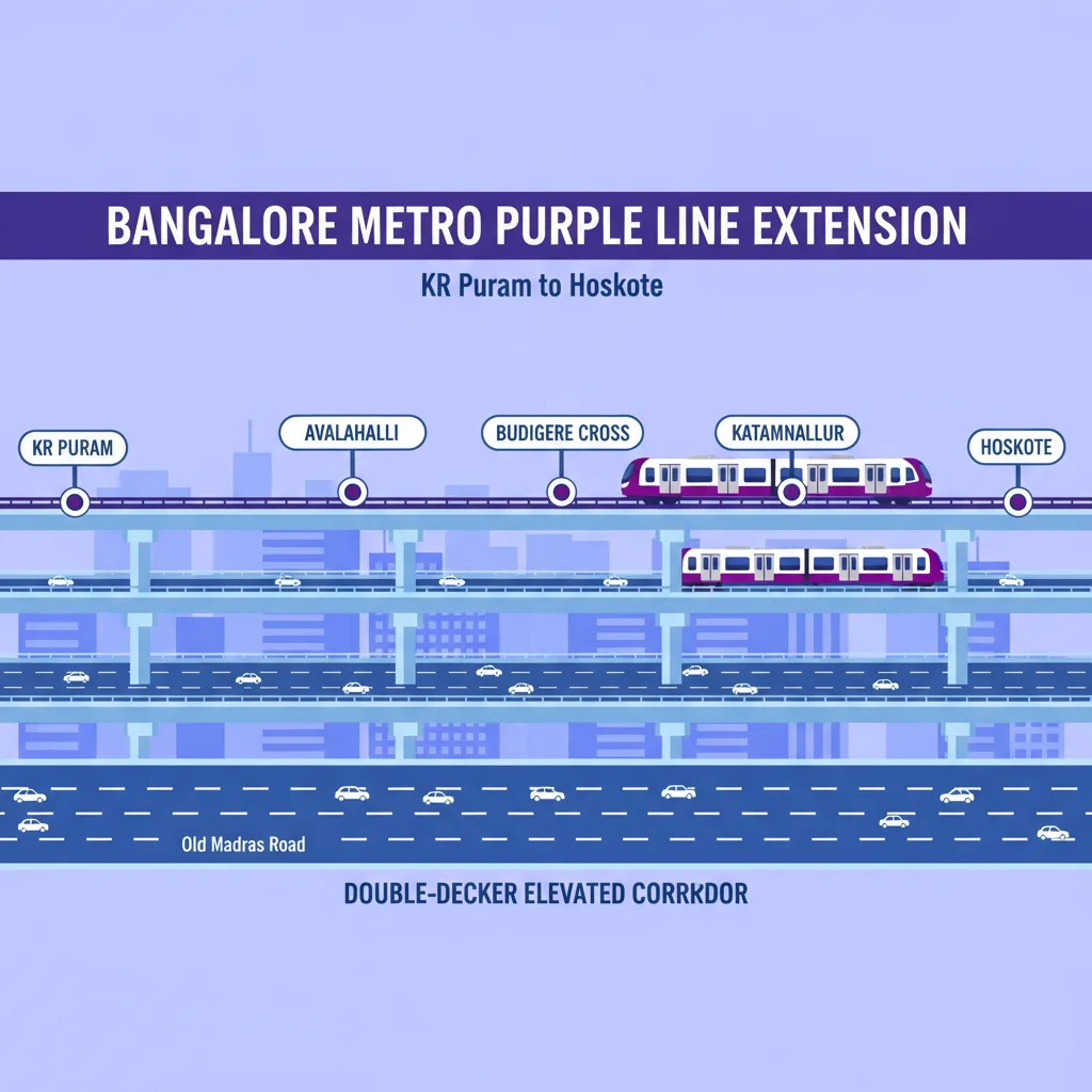 Bangalore Metro Purple Line extension from KR Puram to Hoskote showing double-decker elevated corridor on Old Madras Road